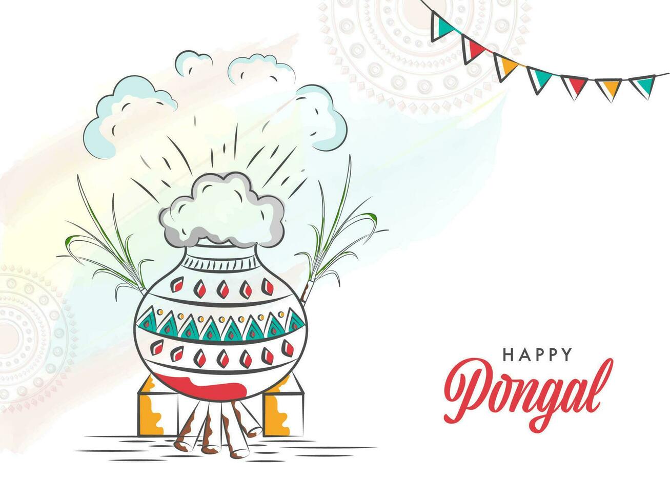 Happy Pongal Celebration Concept With Doodle Style Traditional Dish Making In Mud Pot Over Bonfire, Sugarcane And Brush Effect On White Mandala Pattern Background. vector