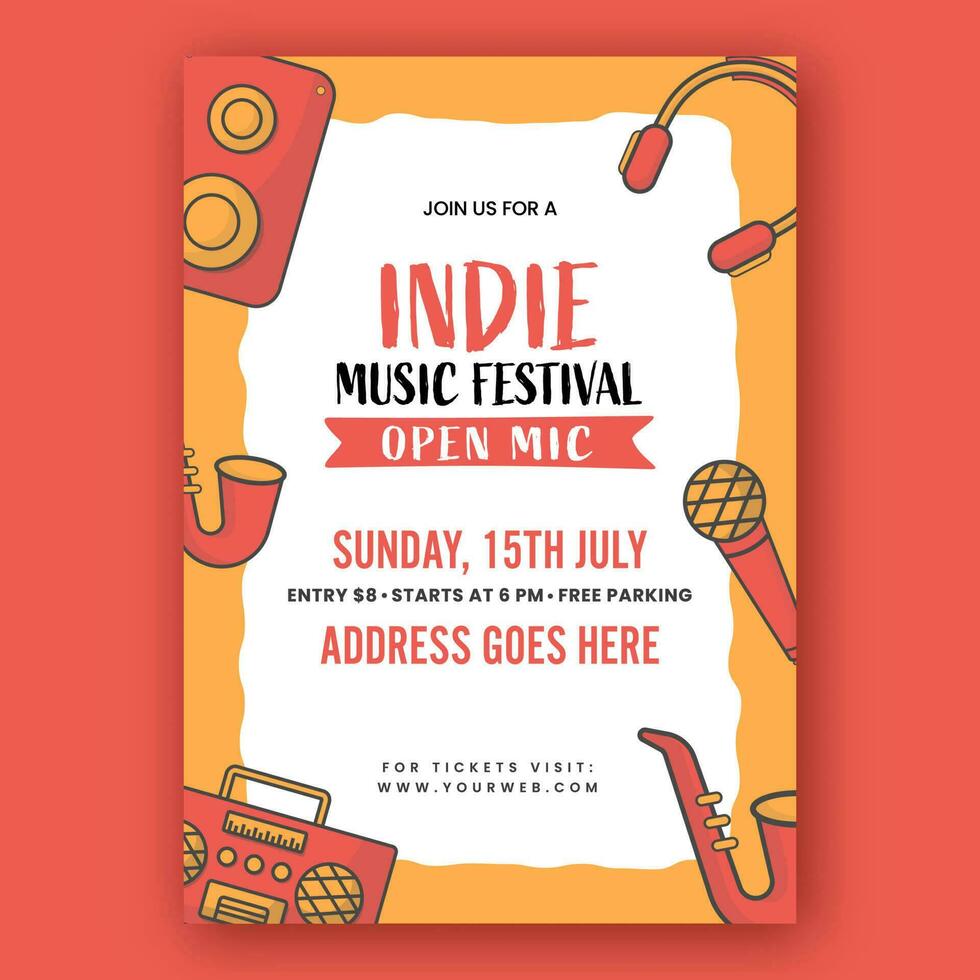 indie música festival invitación modelo diseño con musical instrumento y evento detalles. vector