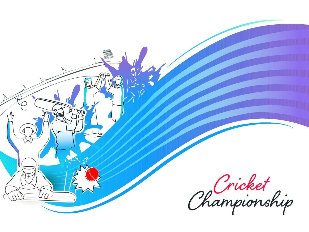 Linear Style Cricket Player Team In Different Poses And Abstract Wave On White Background For Championship Concept. vector