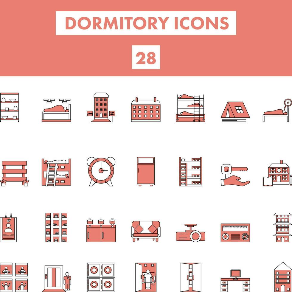 Red And White Color Set of Dormitory Icon In Flat Style. vector