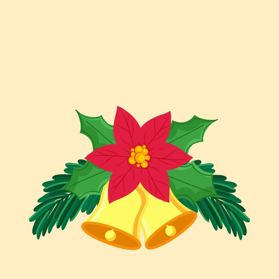 Poinsettia Flower With Leaves, Jingle Bells And Copy Space On Pastel Orange Background. vector
