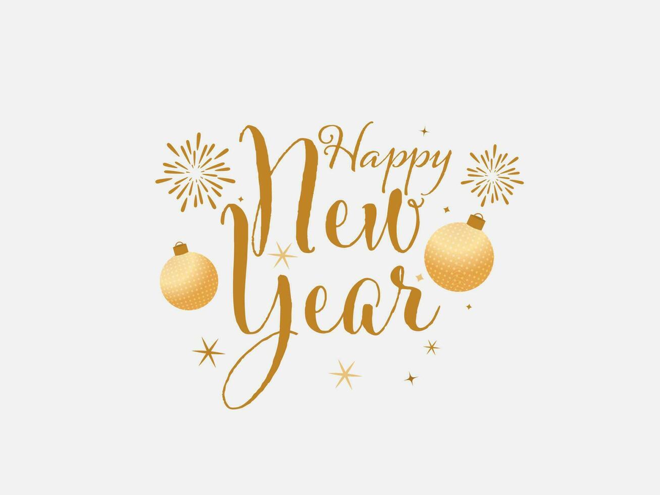 Happy New Year Calligraphy With Golden Baubles And Fireworks On White Background. vector