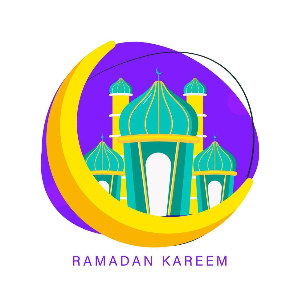 Ramadan Kareem Celebration Concept With Crescent Moon, Mosque On Purple And White Background. vector