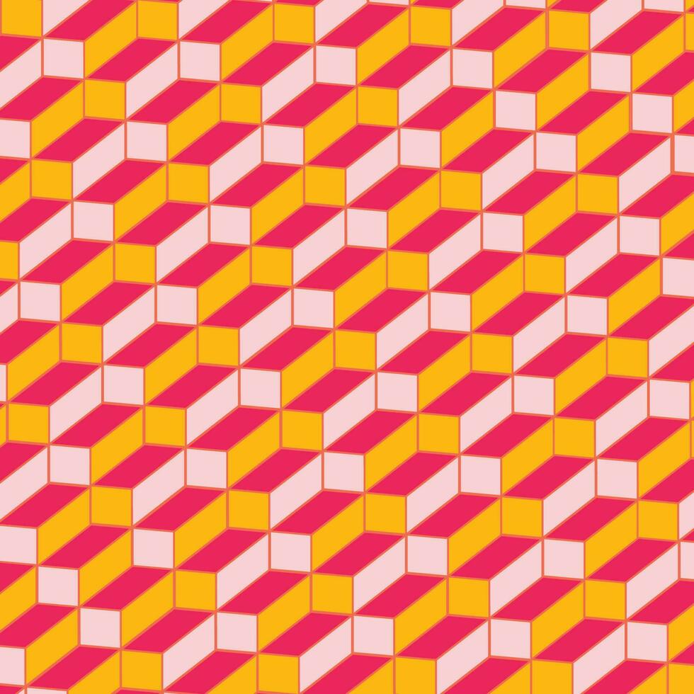 Geometric Cube Seamless Pattern Background In Pink And Yellow Color. vector