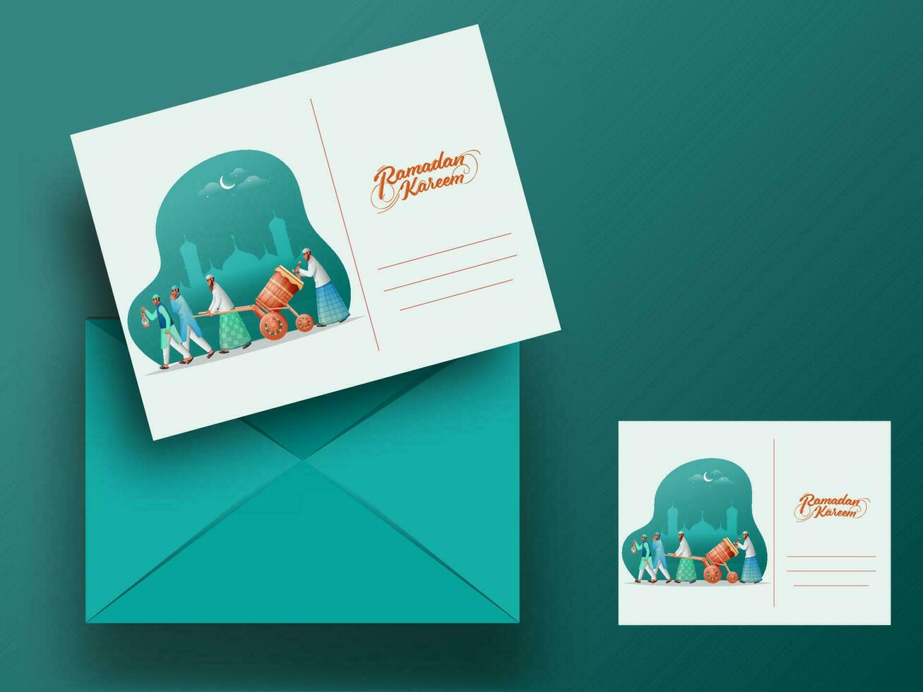 Ramadan Kareem Greeting Card With Editable Envelope In Front And Back View. vector
