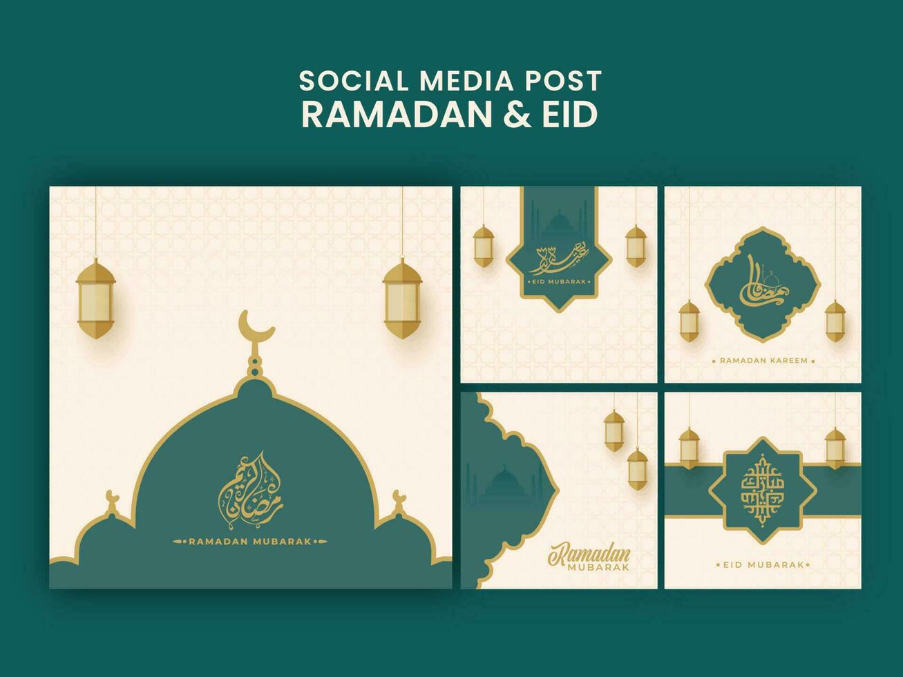 Social Media Post Or Greeting Card Set For Ramadan And Eid Mubarak Celebration. vector