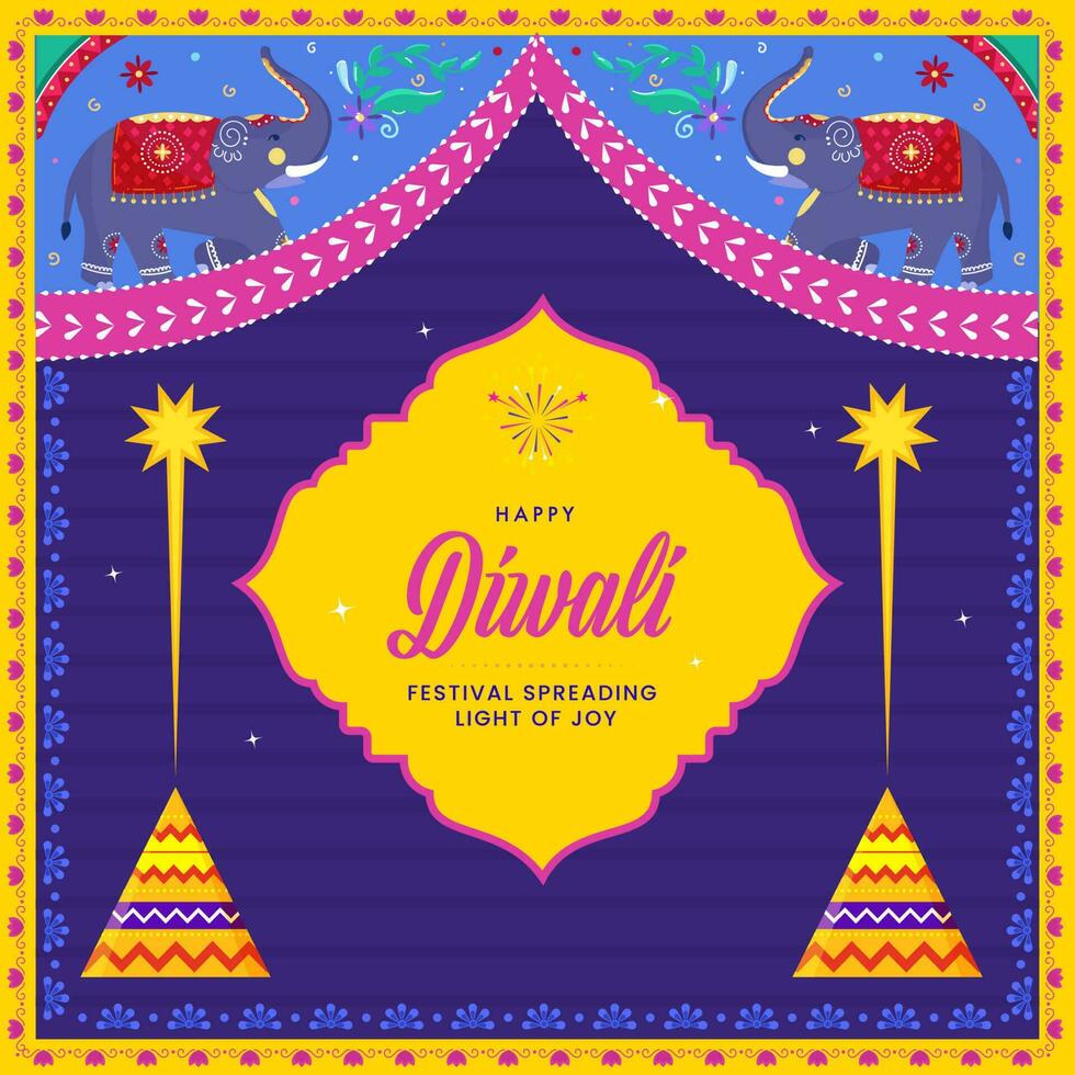 Indian Kitsch Style Background With Elephants And Firecracker For Happy Diwali Celebration Concept. vector