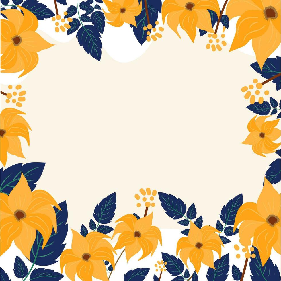 amarillo flores con azul hojas decorado antecedentes y espacio para texto. vector