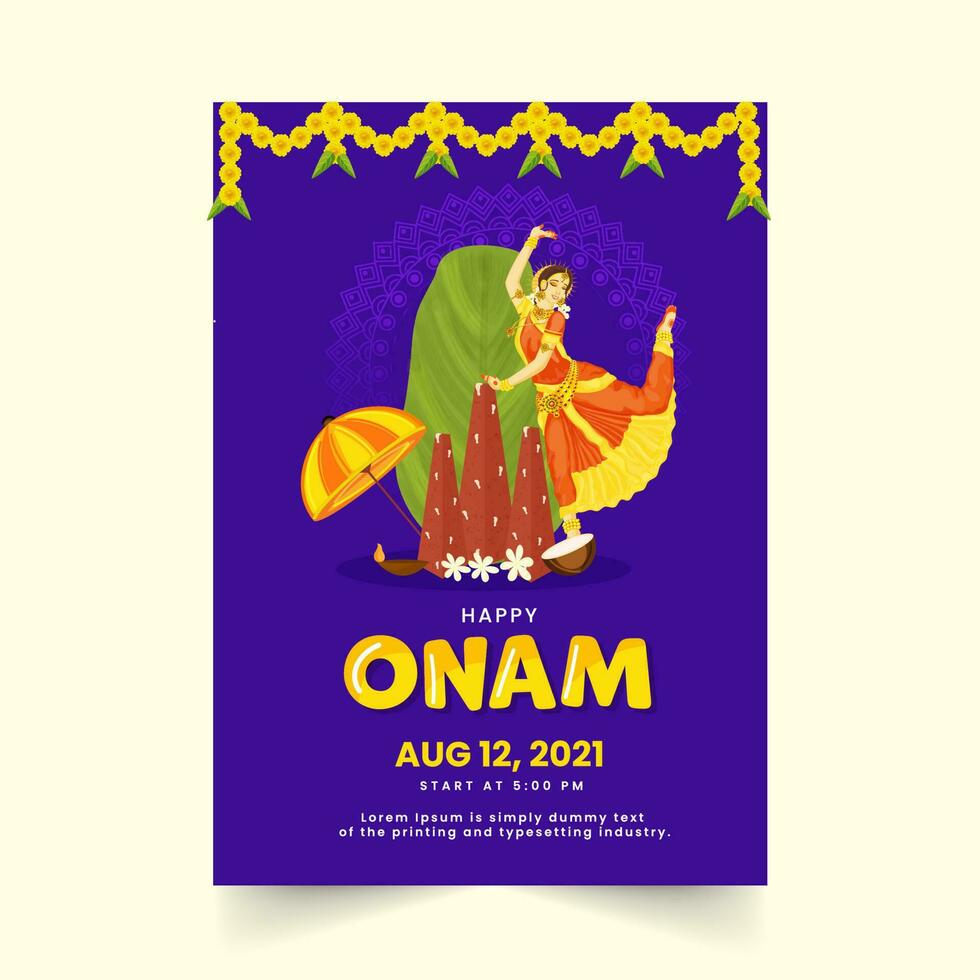 Happy Onam Celebration Flyer With Female Classical Dancer And Festival Elements In Violet Color. vector