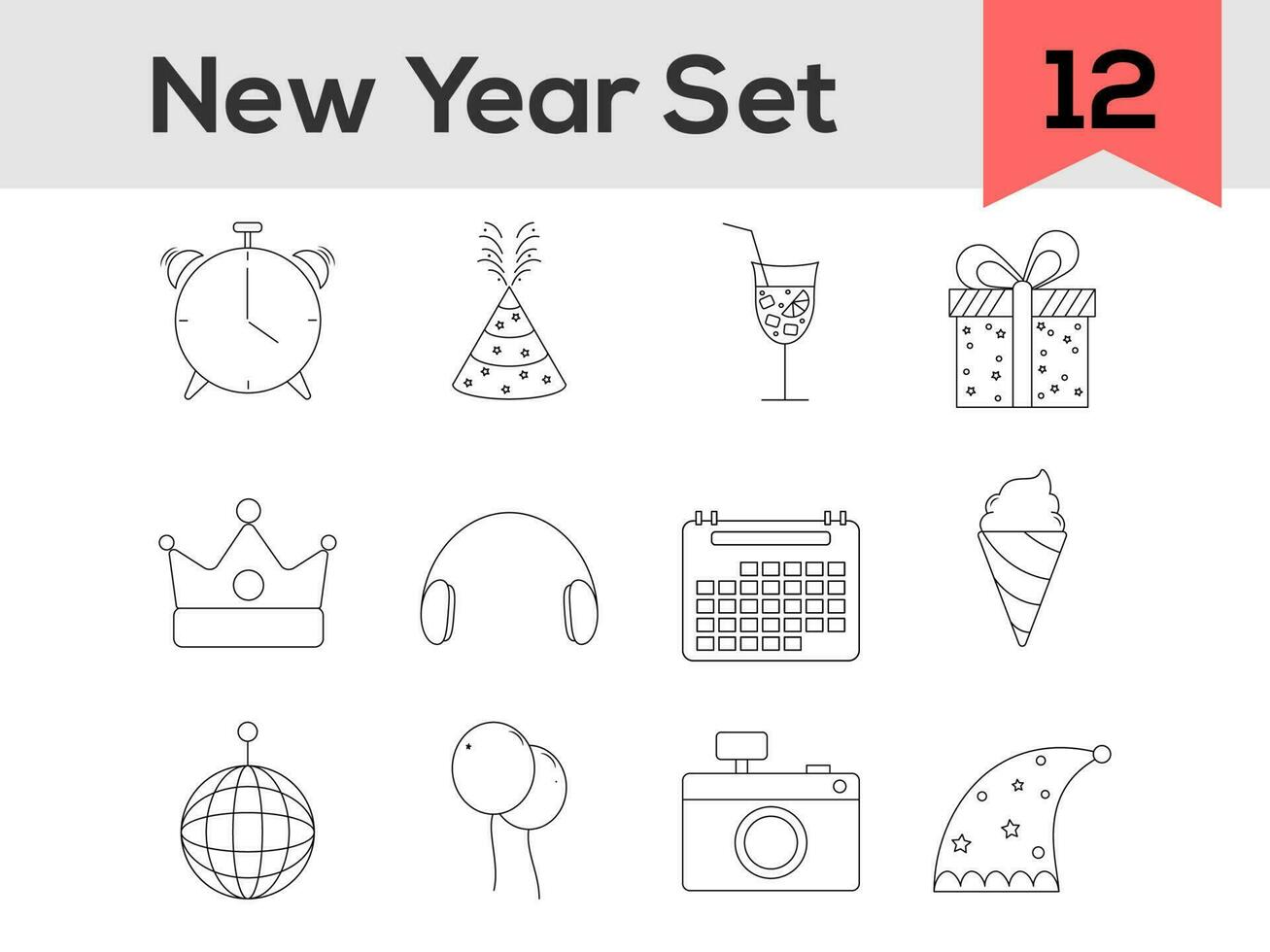 Black Line Art Illustration Of New Year Icon Set. vector