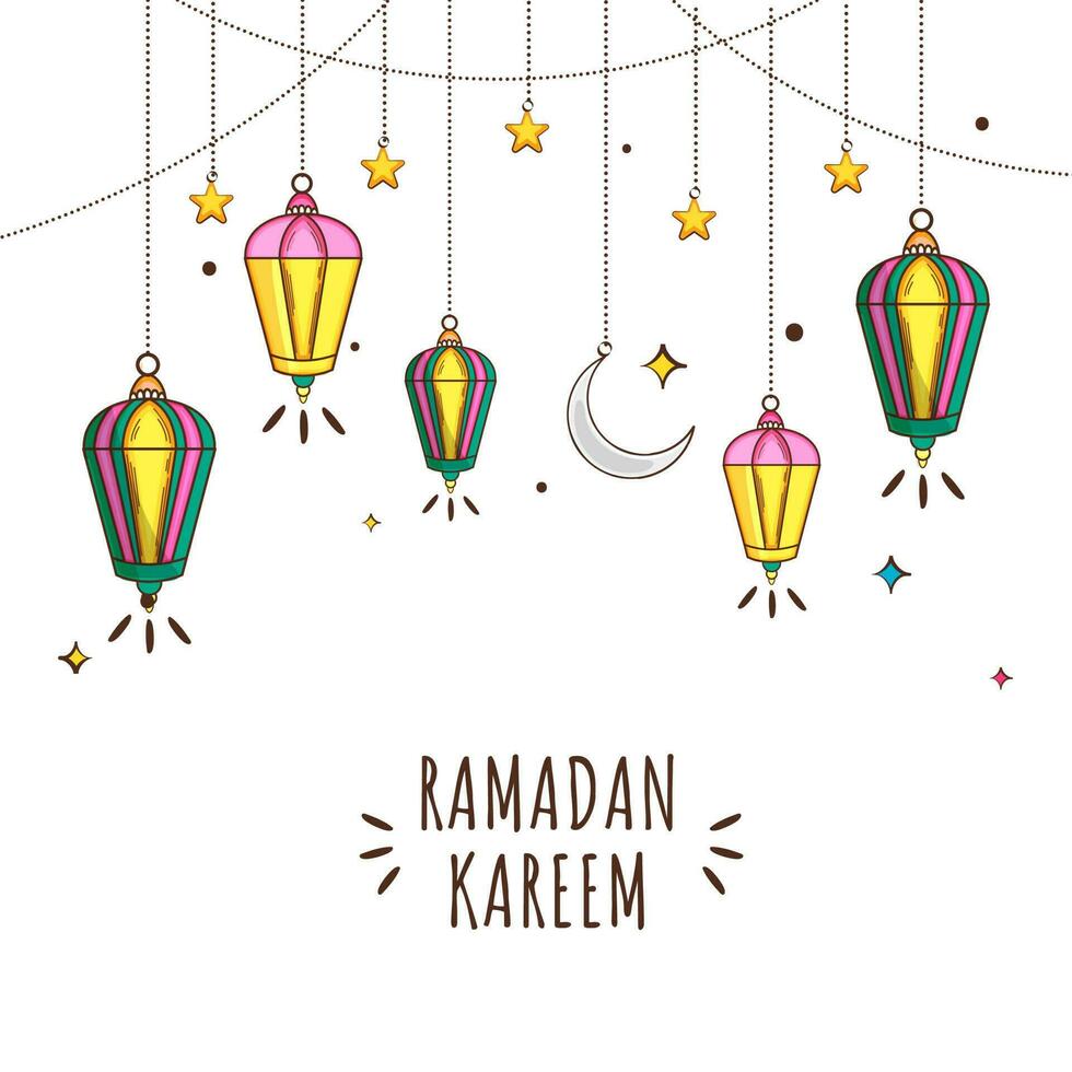 Ramadán kareem póster diseño decorado con Arábica linternas, creciente luna, estrellas colgar en blanco antecedentes. vector