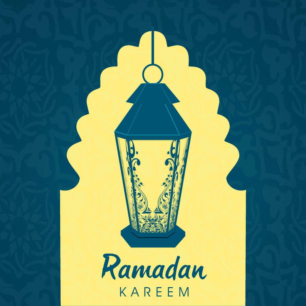 Ramadan Kareem Greeting Card With Arabic Lantern Hang On Yellow And Blue Islamic Pattern Background. vector