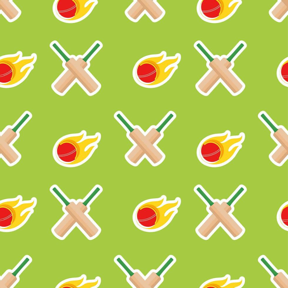Sticker Style Firing Ball With Crossed Cricket Bat Pattern Background. vector