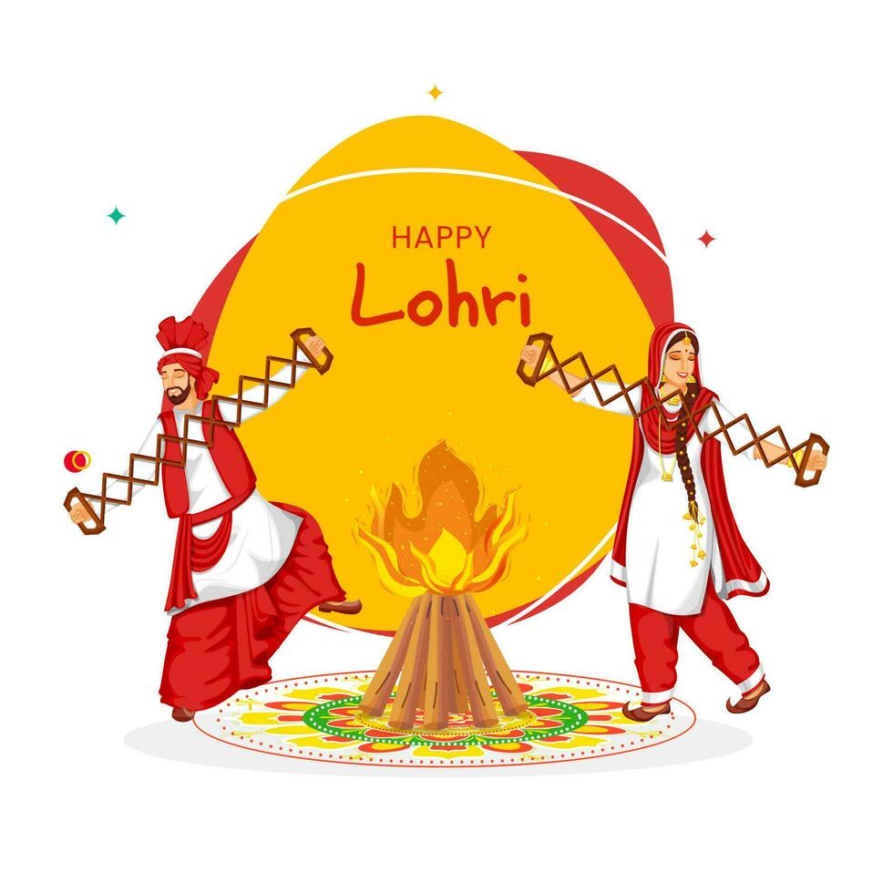 Happy Lohri Celebration Concept With Punjabi Couple Playing Sapp Instruments And Bonfire Over Rangoli On White Background. vector