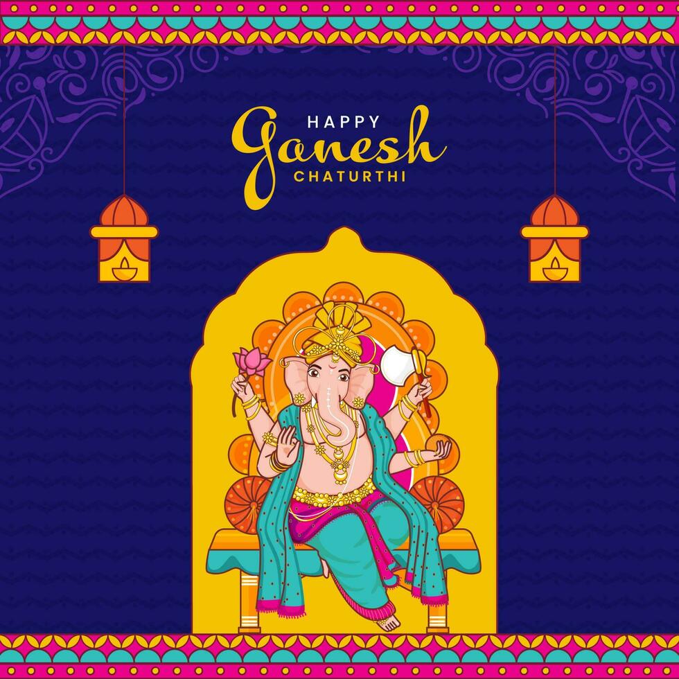 contento ganesh chaturthi concepto con señor ganesha escultura en azul antecedentes. vector