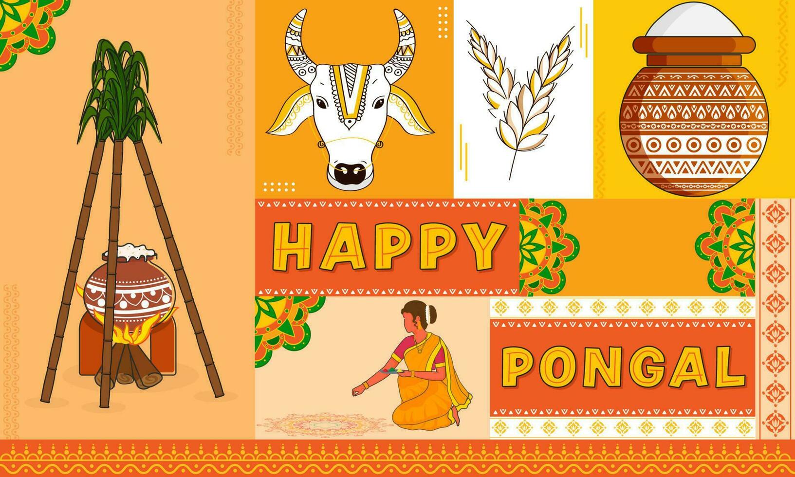 Happy Pongal Celebration Background With South Indian Woman, Traditional Dish Cooking At Bonfire, Cow Or Bull Face And Sugarcane. vector