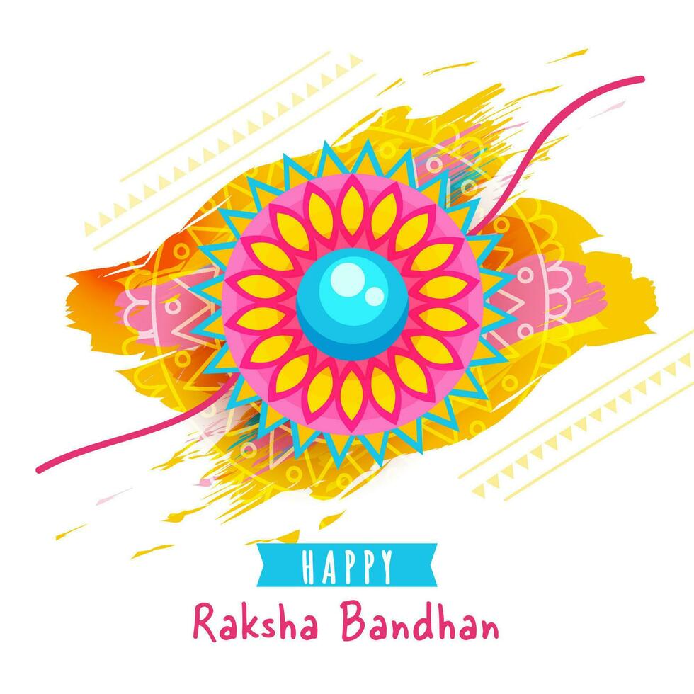 Happy Raksha Bandhan Concept With Floral Rakhi Wristband And Brush Stroke Effect On White Background. vector