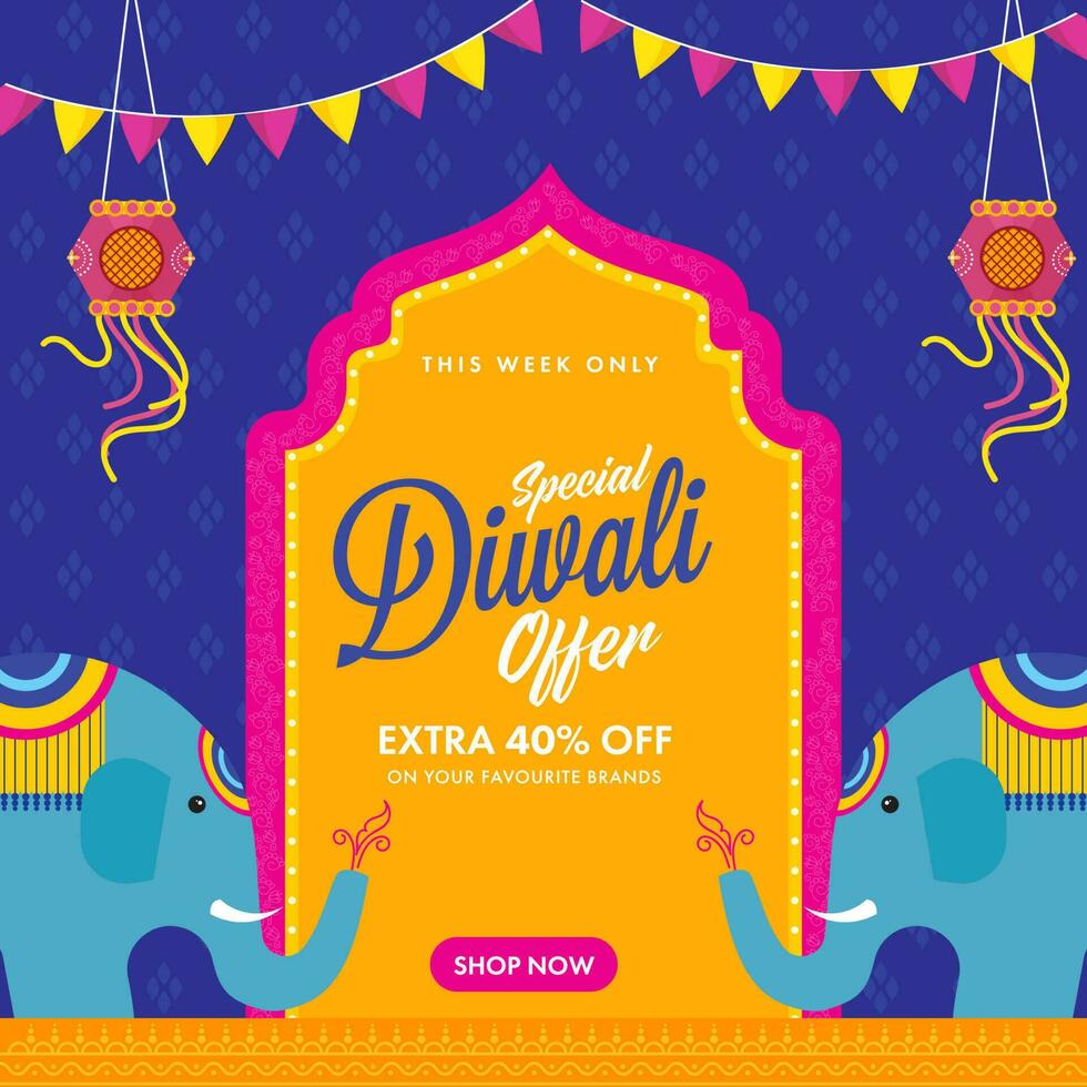 Diwali Sale Poster Design With Cartoon Elephants, Lanterns Hang On Blue And Yellow Background. vector