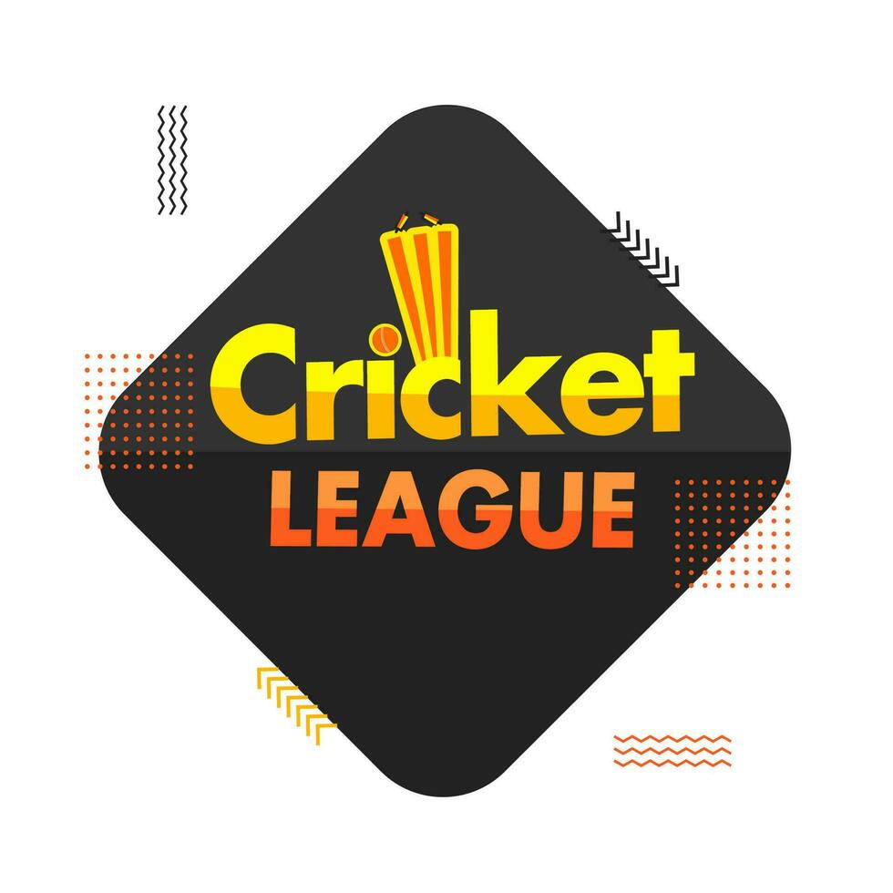 Cricket League Text With Sticker Style Ball Hitting Wicket Stump On Black And White Background. vector