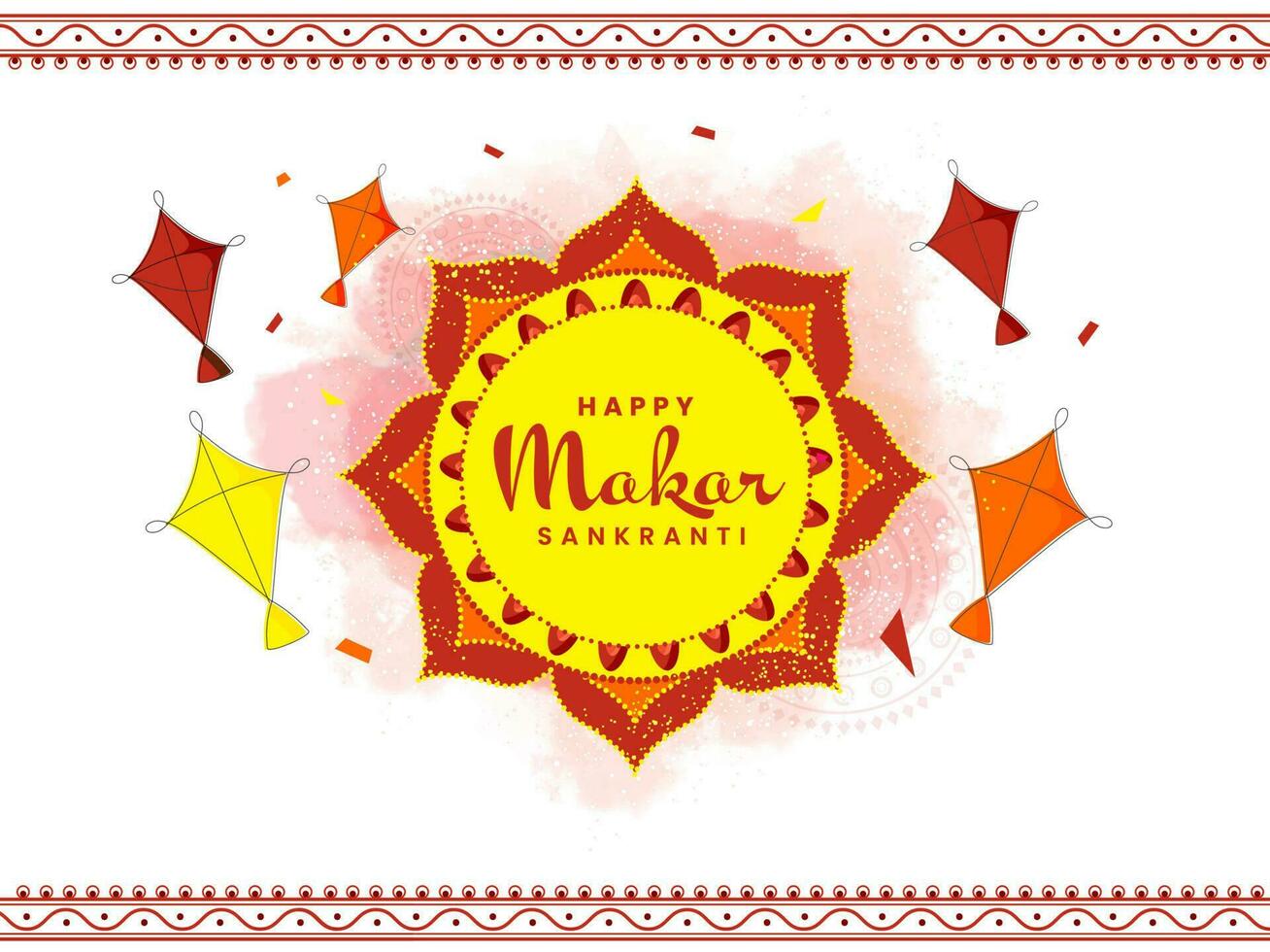 Happy Makar Sankranti Concept With Colorful Kites And Watercolor Effect On White Background. vector