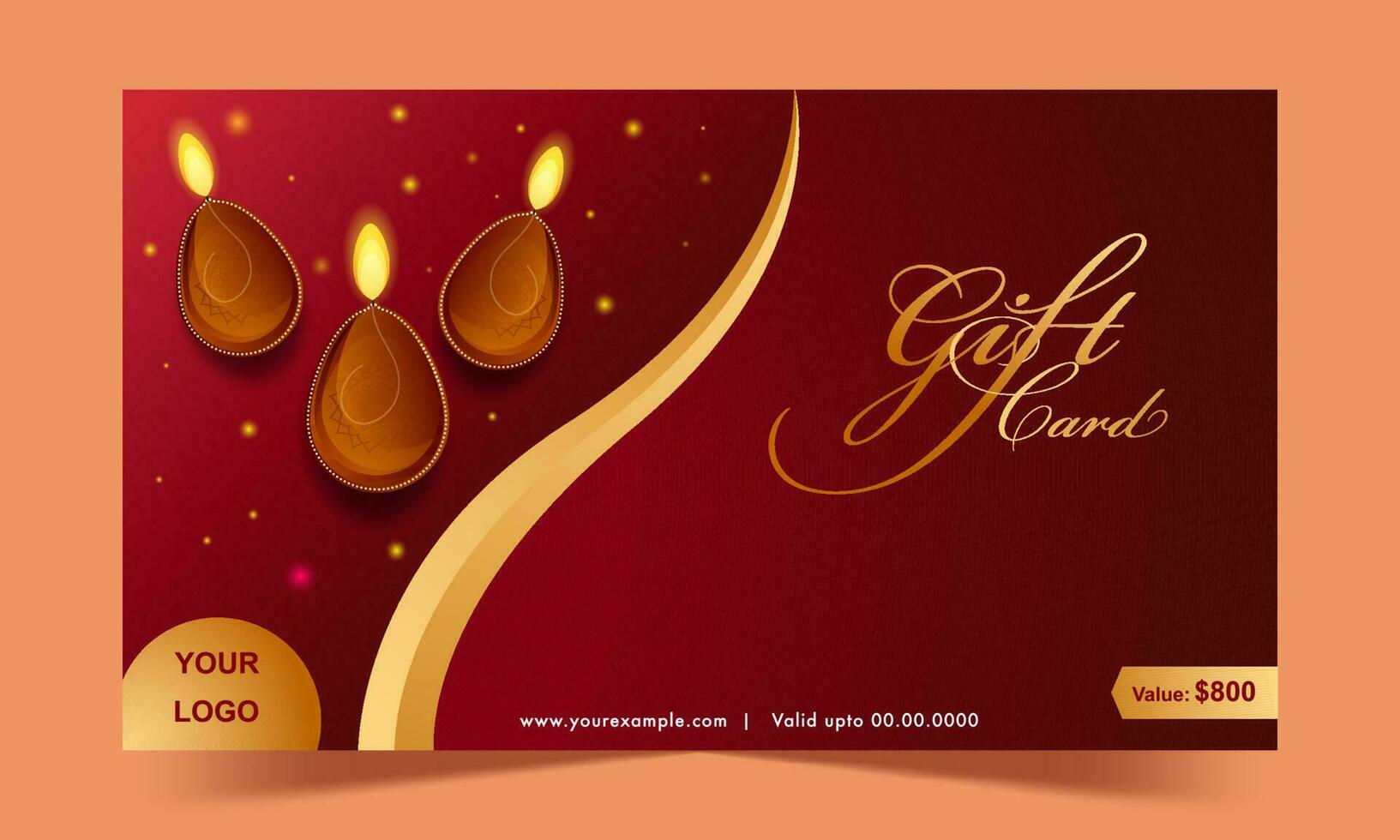 Golden And Red Color Gift Card Or Voucher With Top View Lit Oil Lamps. vector