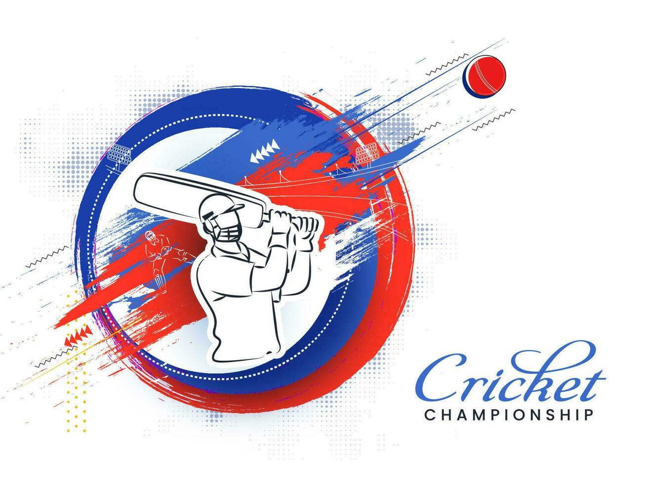 Cricket Championship Poster Design With Sticker Style Batsman Hitting Ball And Brush Stroke Effect On White Halftone Background. vector