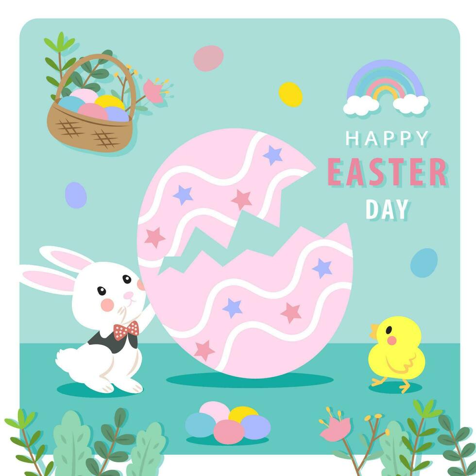 Let's celebrate Happy Easter day. The cute easter rabbit and chick are playing easter egg hunt game vector on modern green background.