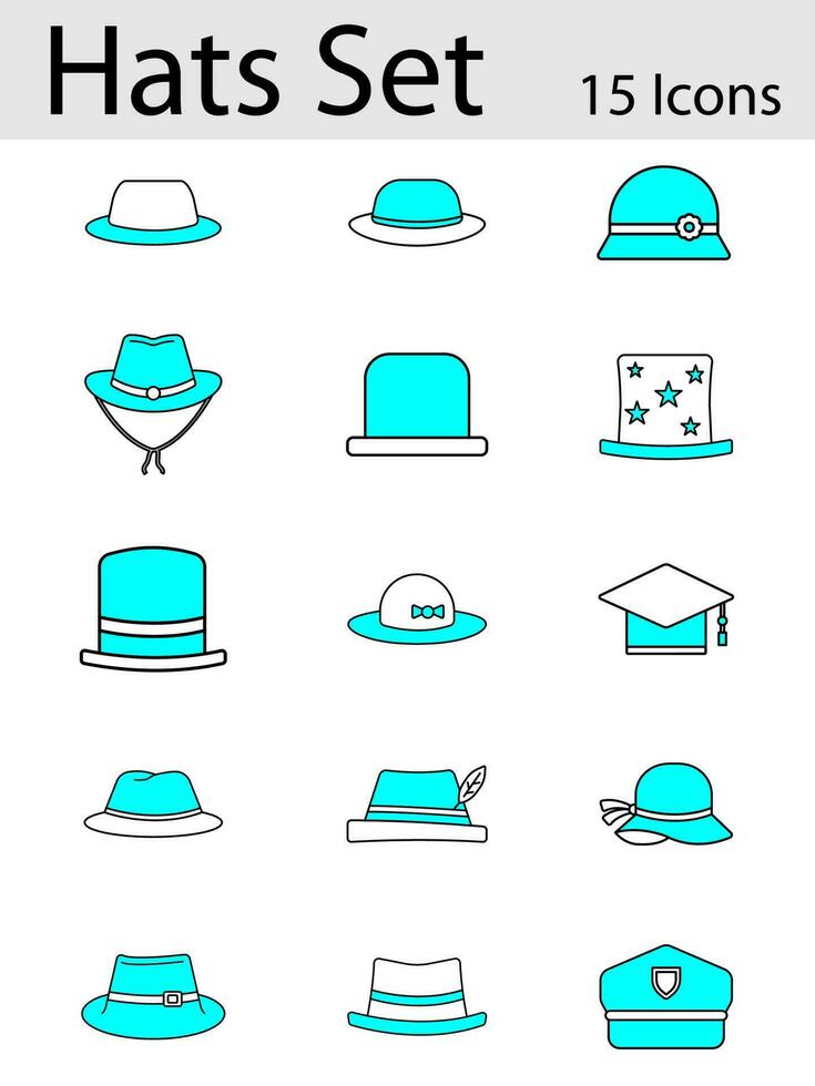 Vector Illustration of Cyan and White Color Hat or Cap Icon Set in Flat Style.