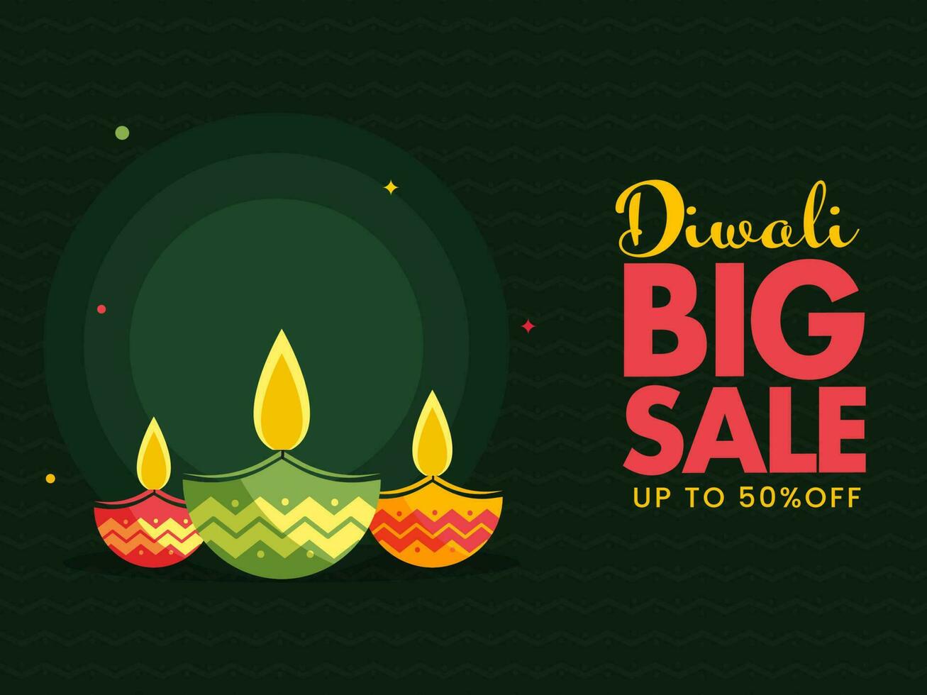 Diwali Big Sale Poster Design With Illuminated Oil Lamps In Green Color. vector