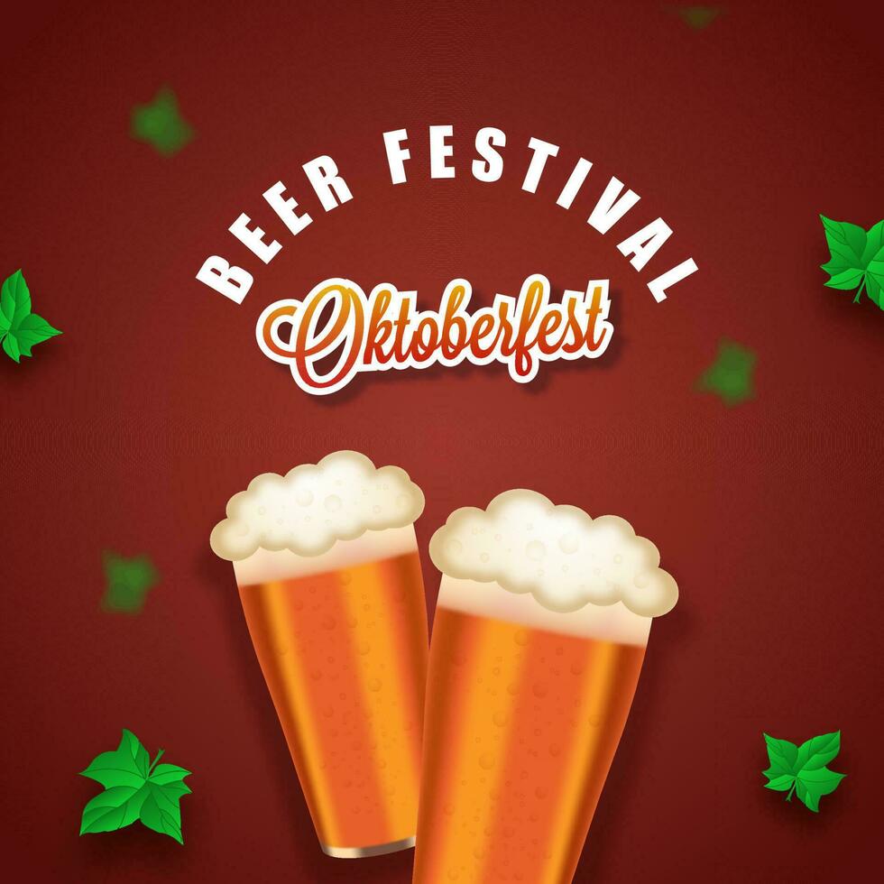 Oktoberfest Beer Festival Concept With Realistic Beer Glasses And Green Hops Leaves On Red Background. vector