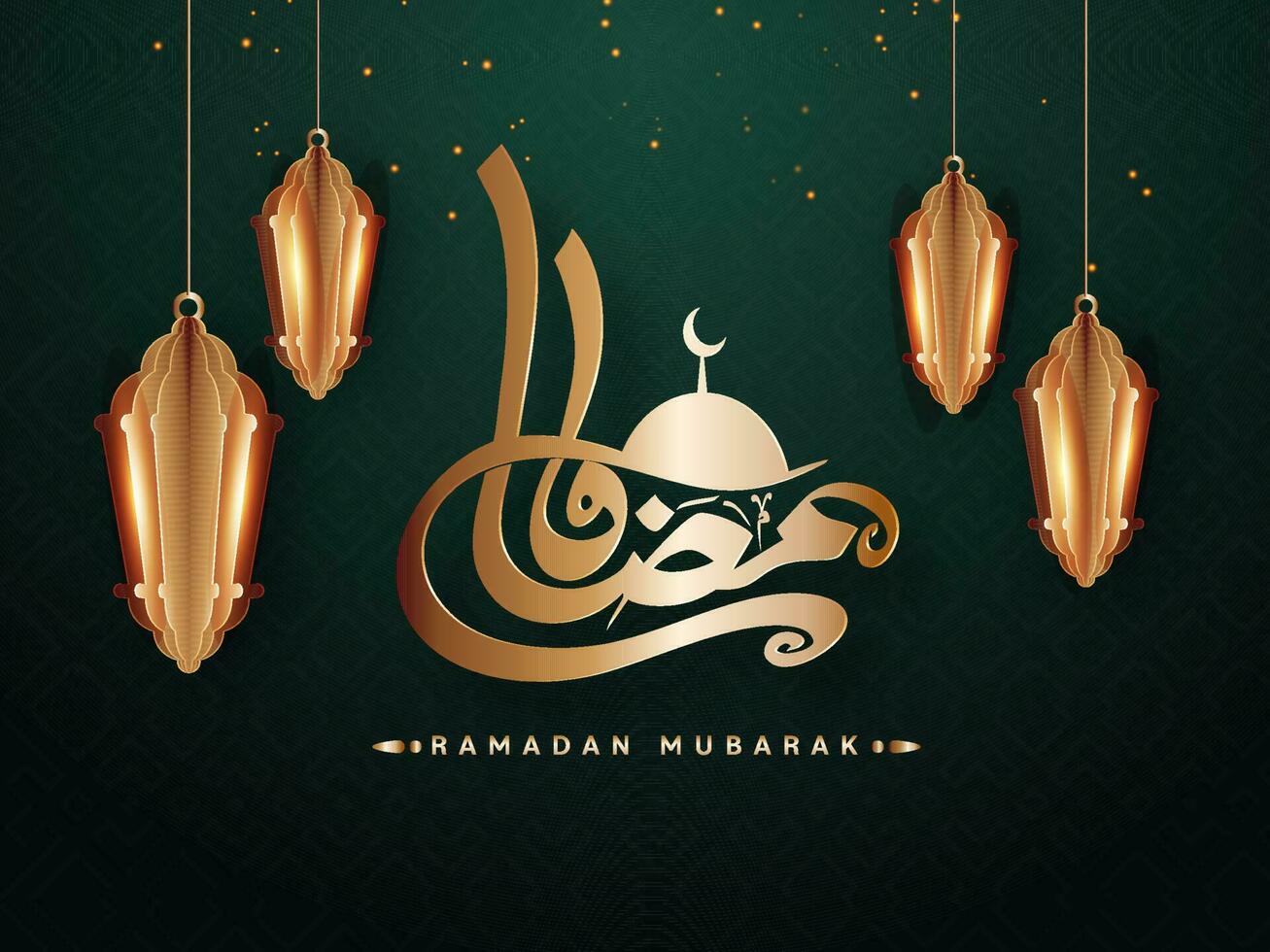 Brown Arabic Calligraphy Of Ramadan Mubarak With Silhouette Mosque, Light Effect Paper Cut Lanterns Hang On Green Background. vector