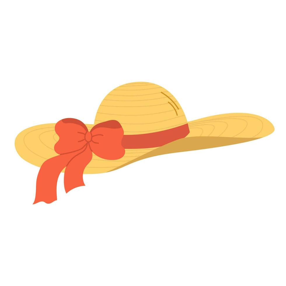 Isolated yellow straw hat with red bow and brim on white background in flat style. Summer recreation vector