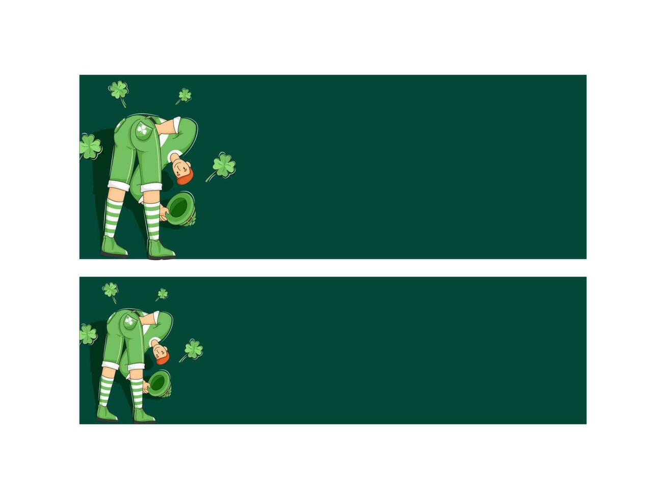 Illustration Of Cartoon Leprechaun Man With Clover Leaves And Space For Text On Green Background. Header Or Banner Design. vector