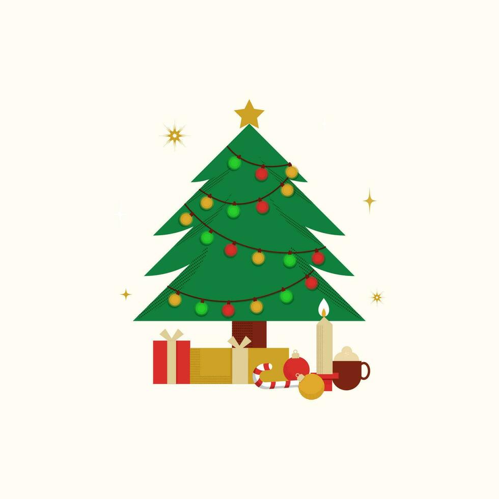 vector Navidad árbol con regalo cajas, iluminado vela, caramelo caña, chuchería y café taza en beige antecedentes.