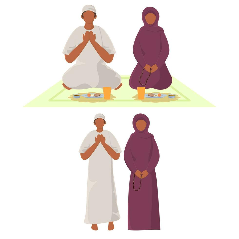 Cartoon Muslim Couple Doing Prayer In Sitting And Standing Pose. vector