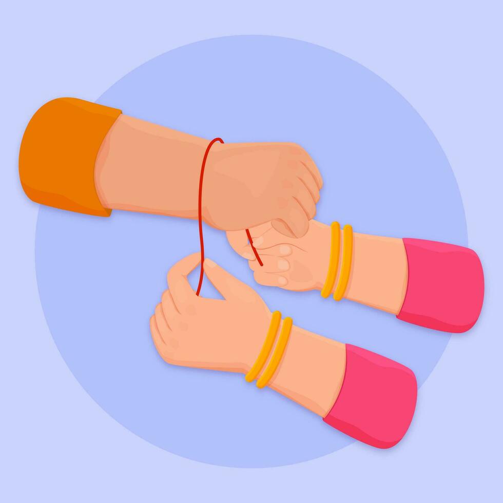 Top View Of Female Hands Tying Red Thread On Male Wrist Against Blue Background. vector