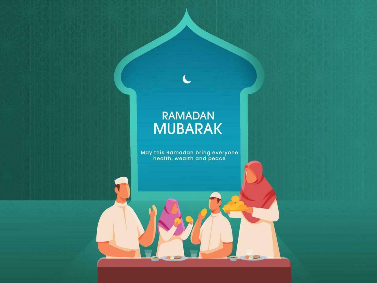 Illustration Of Muslim Family Celebrating Iftar Party On Teal Arabic Pattern Background For Ramadan Mubarak. vector