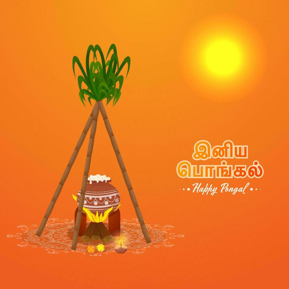 pegatina estilo contento pongal fuente en tamil idioma con tradicional haciendo de pongal arroz y Caña de azúcar en Dom naranja antecedentes. vector