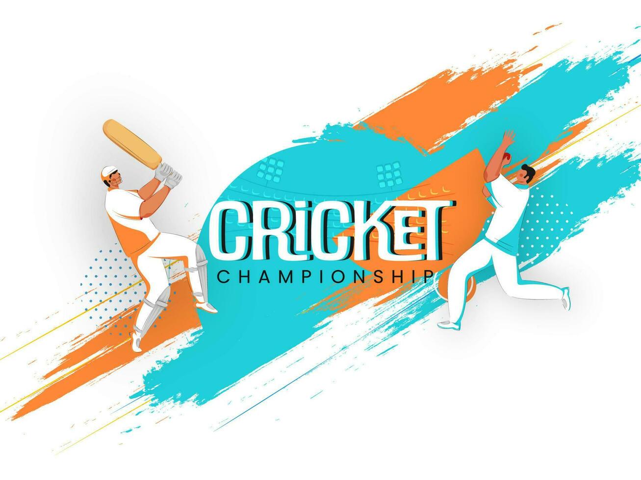 Cricket Championship Concept With Batsman, Bowler In Playing Pose And Brush Stroke Effect On White Background. vector