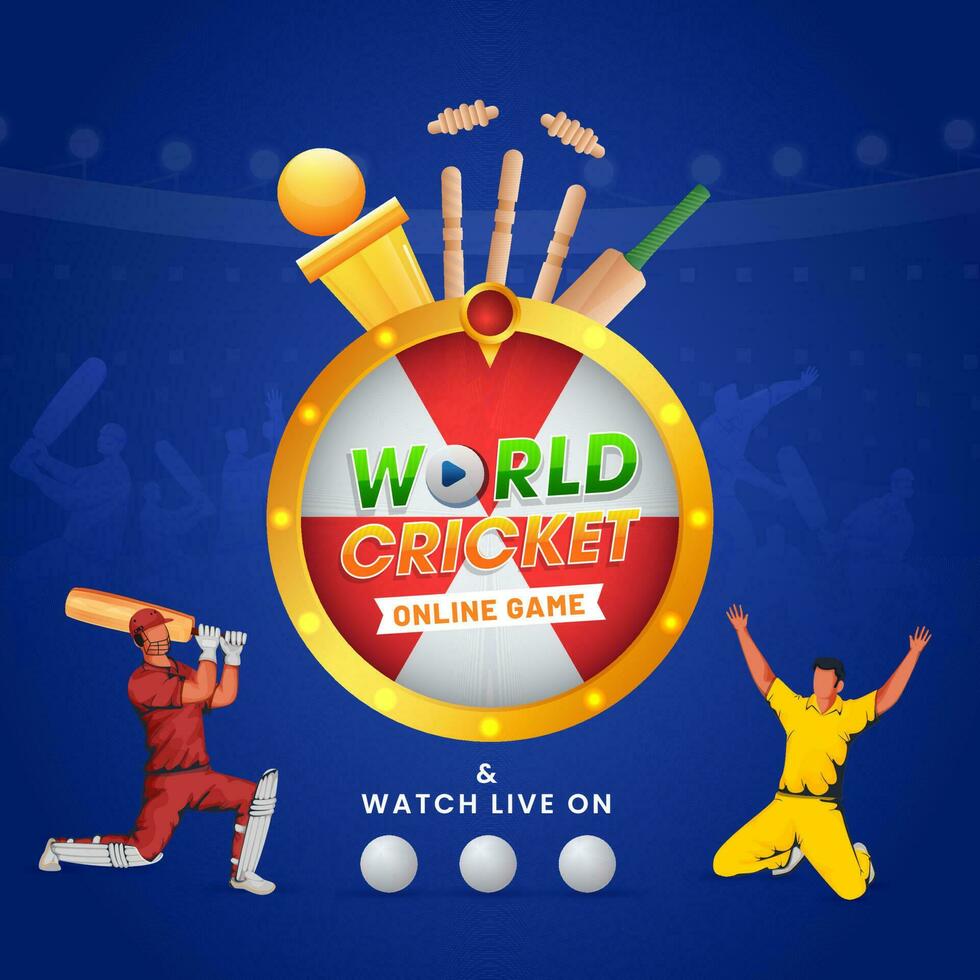 World Cricket Online Game Watch Live Concept With Tournament Equipments And Player Character On Blue Background. vector