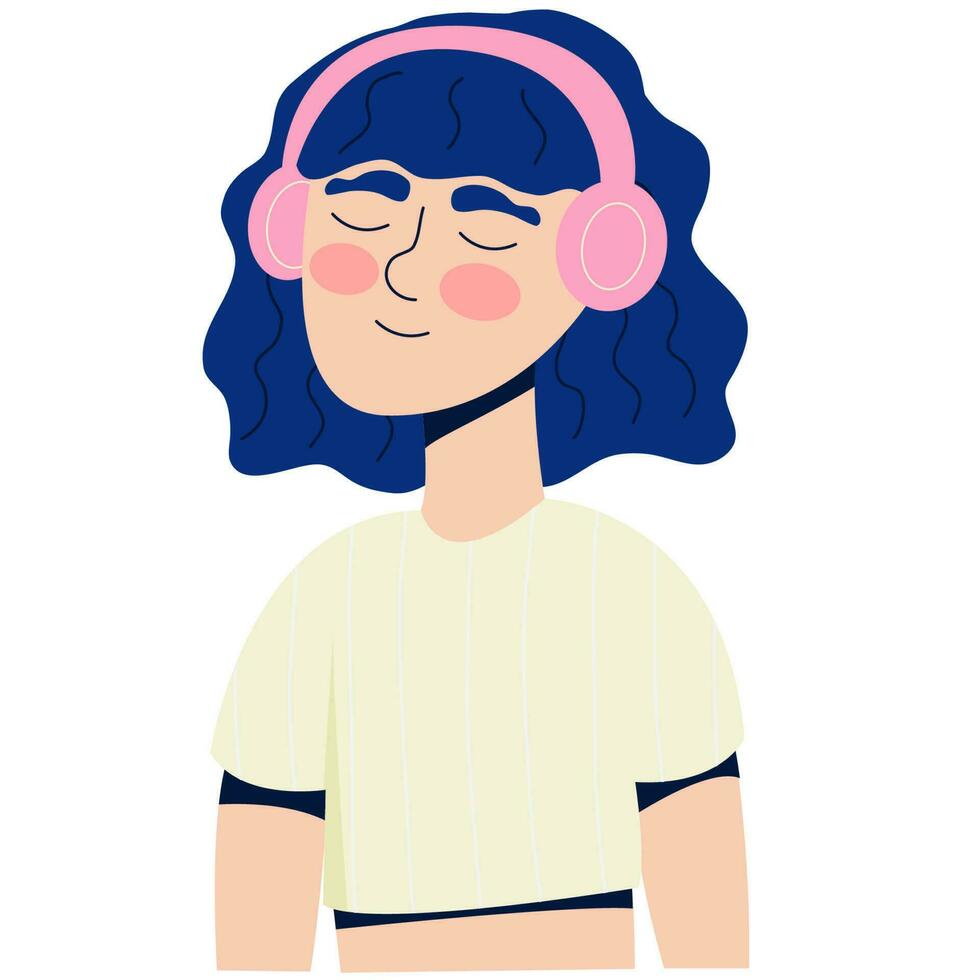 Girl listening music  in headphones or earphones. Cute young teenager with headphones. vector