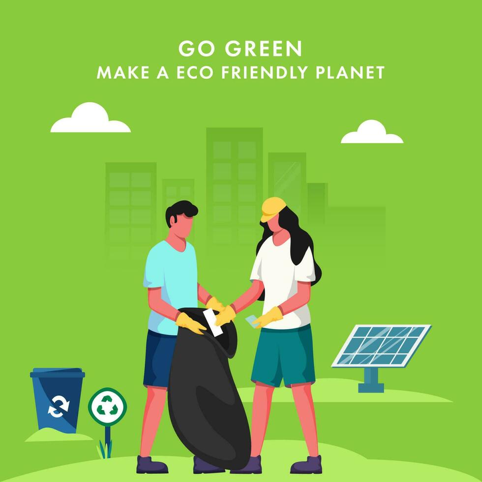 Cartoon Man And Woman Collecting Waste In Black Bag With Recycling Bin And Solar Panel On Green Background For Eco Friendly Or Save Nature Concept. vector