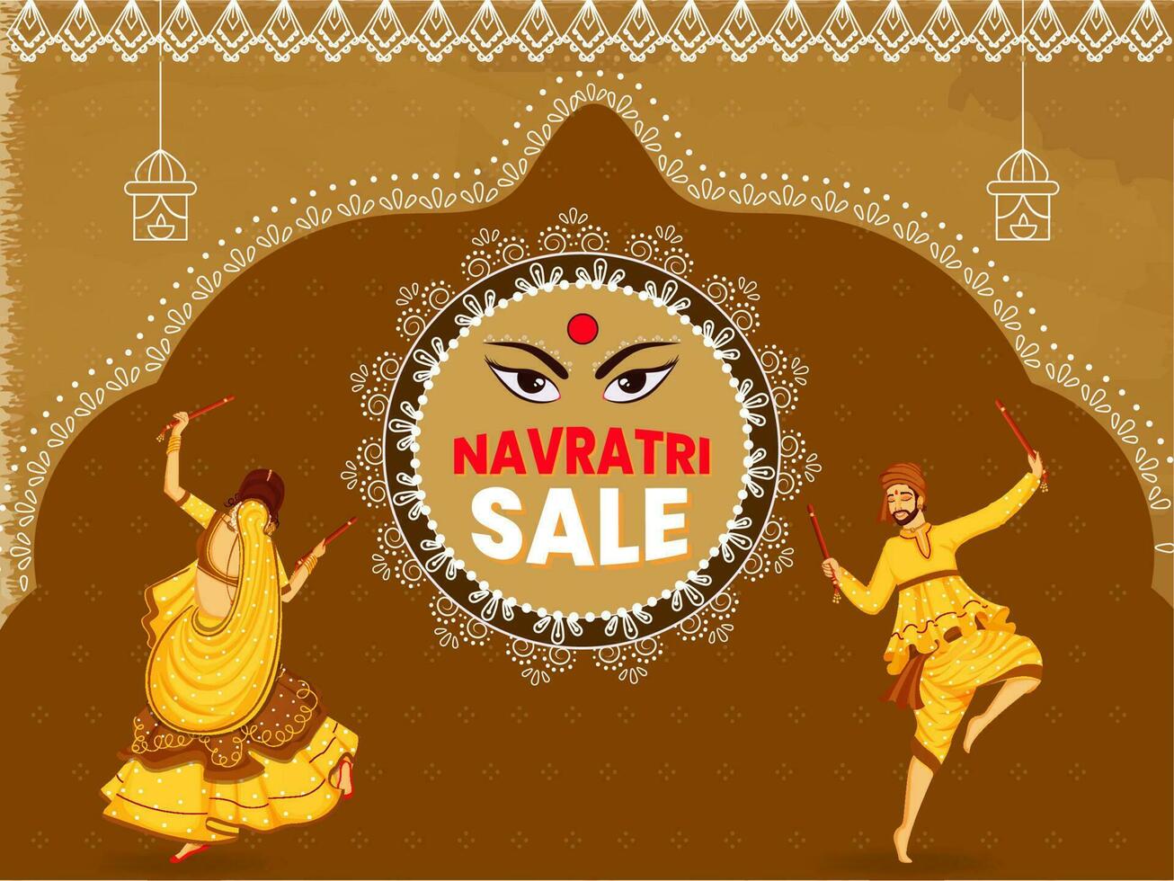 navratri rebaja póster diseño con indio Pareja jugando dandiya en tradicional atuendo en marrón antecedentes. vector