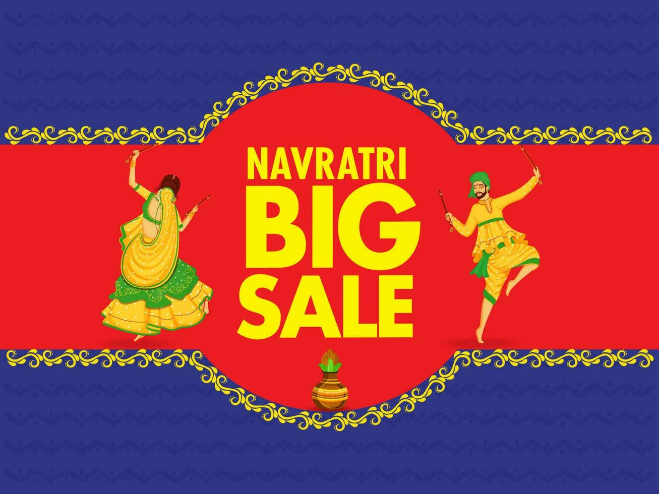 Navratri Big Sale Poster Design With Indian Couple Playing Dandiya In Traditional Dress On Red And Blue Zig Zag Lines Background. vector