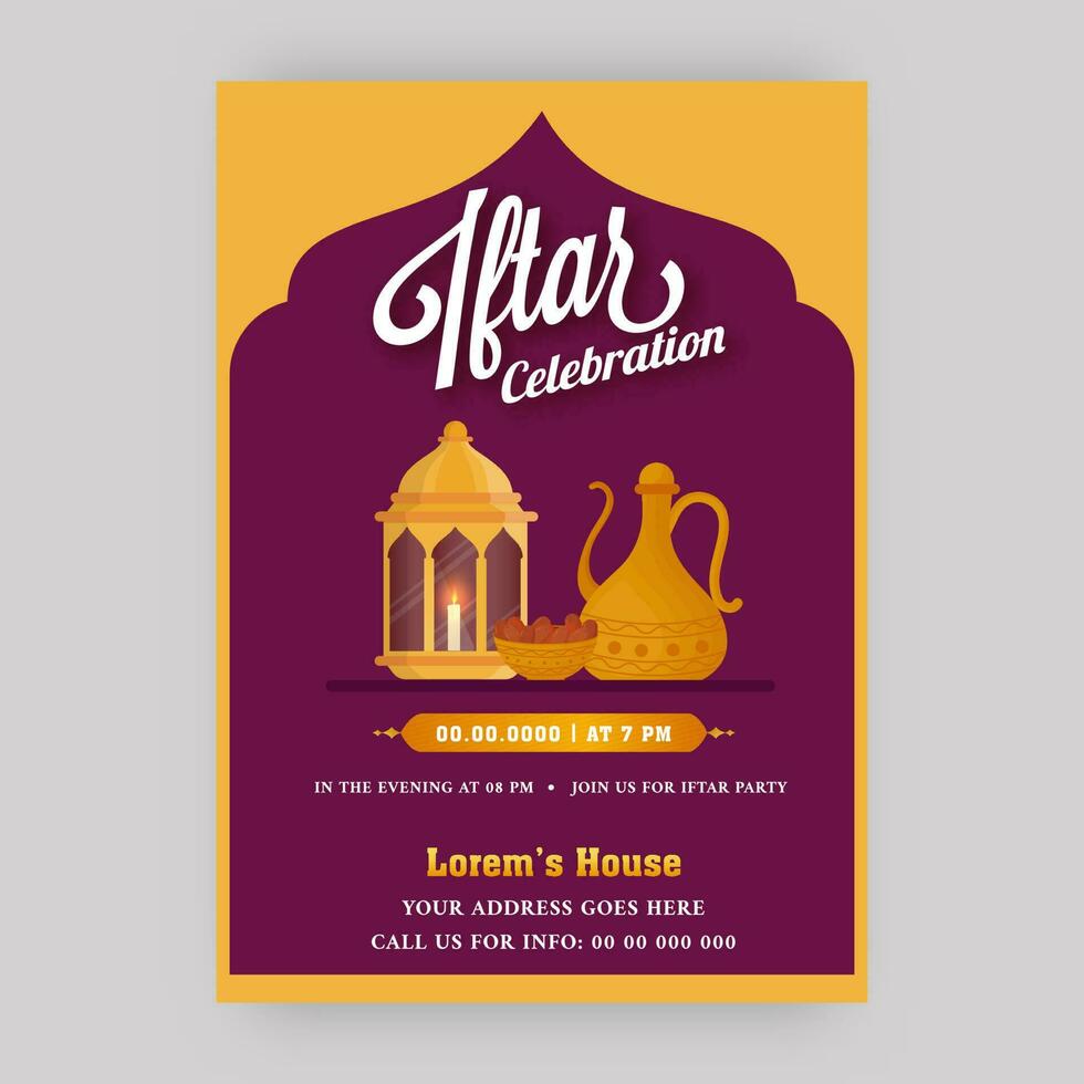 Iftar Celebration Flyer Or Template Design With Event Details In Yellow And Pink Color. vector