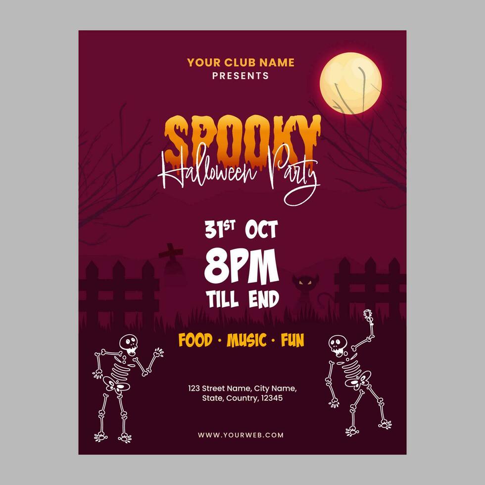Spooky Halloween Party Invitation Card With Two Skeleton Dancing On Full Moon Burgundy Cemetery Background. vector