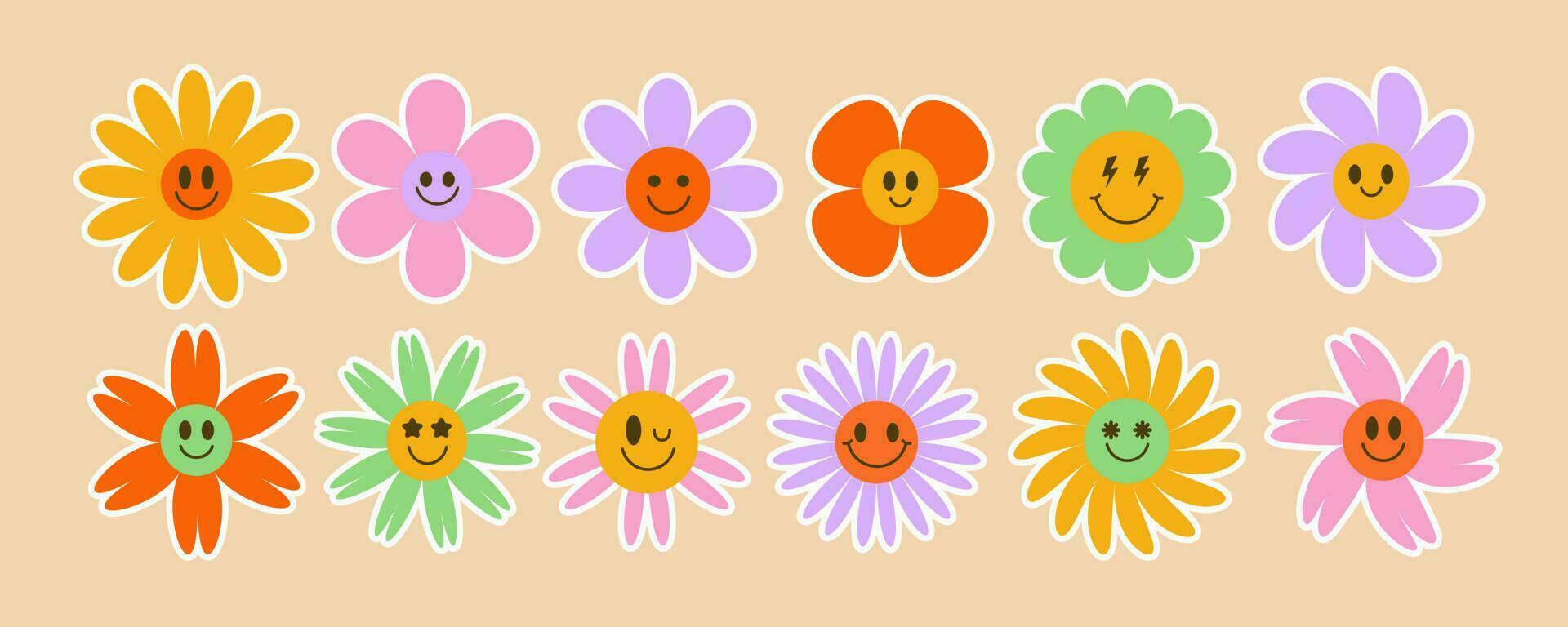Daisy groovy flowers. Smiling retro floral faces. Y2k simple design. Cartoon chamomile character. Trendy vector illustration.