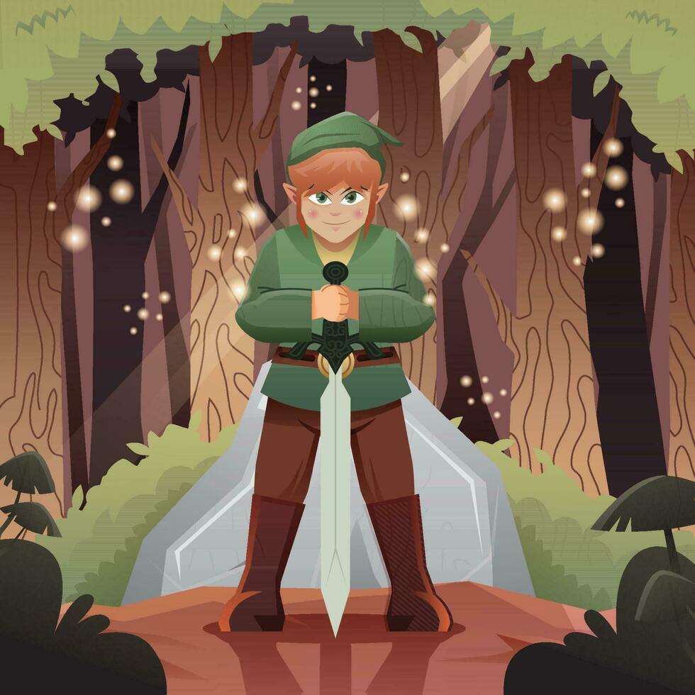 An Elf Holding his Sword in the Forest vector