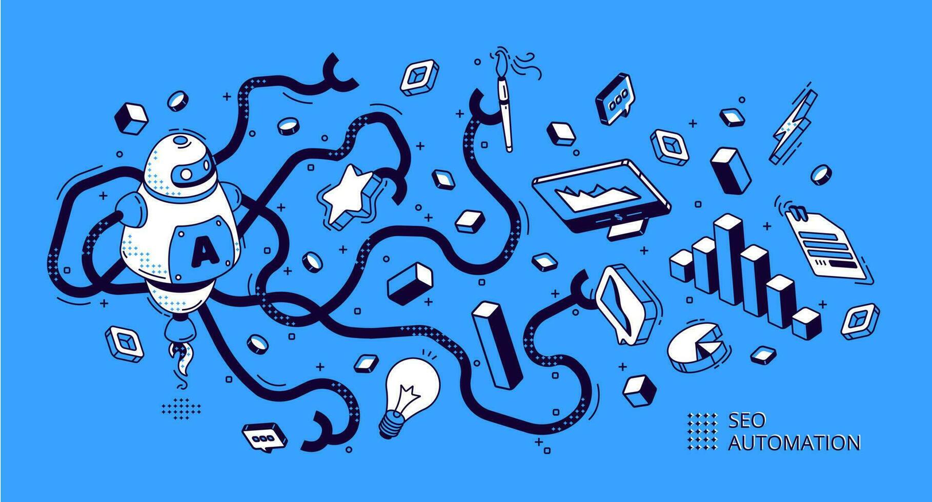 SEO automation isometric banner. Internet content vector