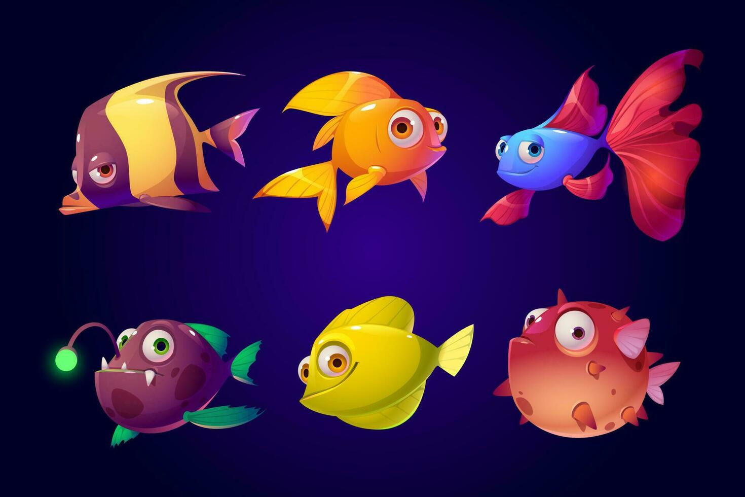 Sea fish, tropical colorful aquarium creatures set vector